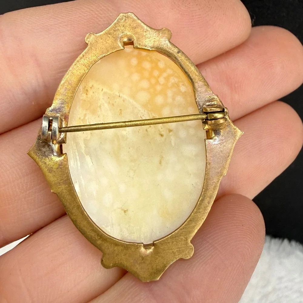 Vintage Cameo Brooch Gold Tone Carved Shell